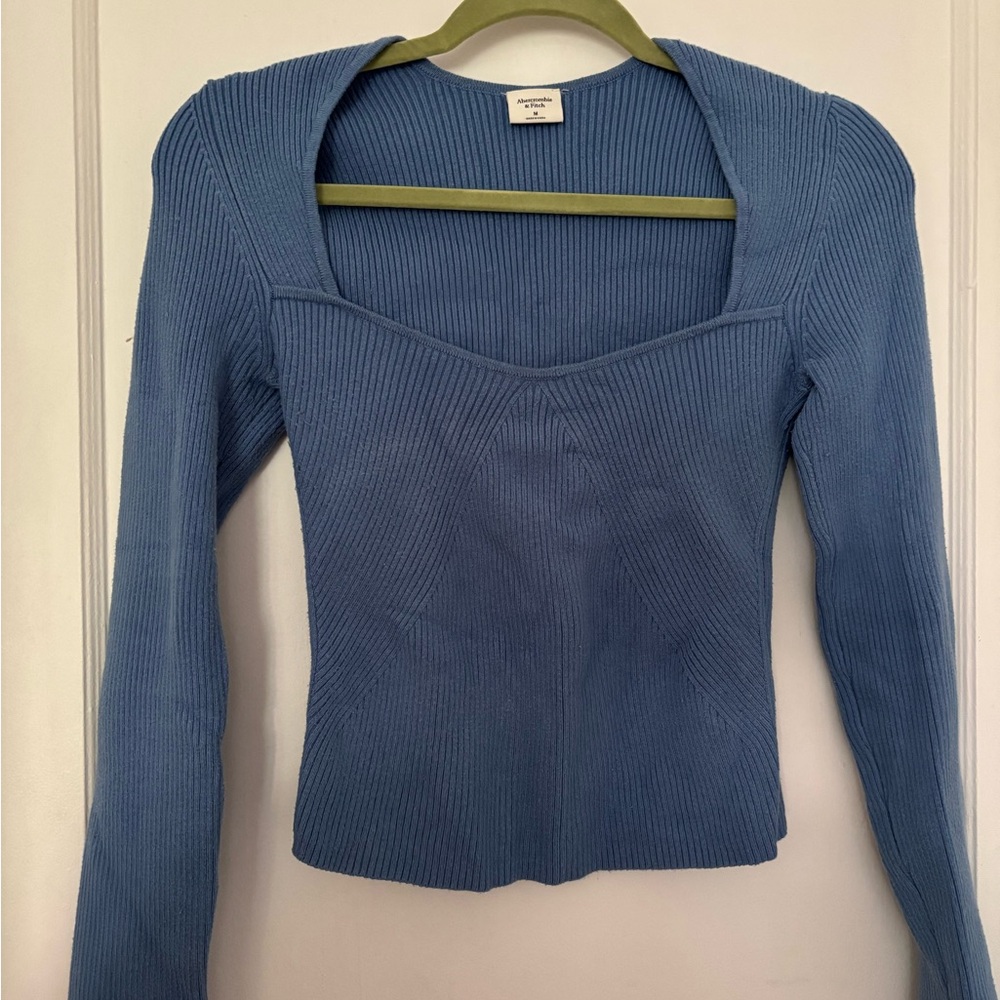 Abercrombie & Fitch Blue Fitted Ribbed Long Sleeve Blouse